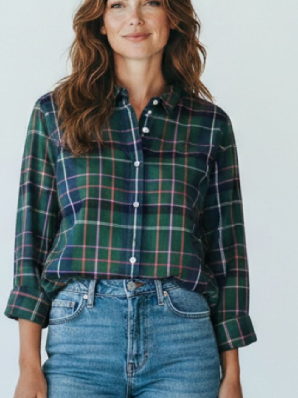 Talbots Green Plaid Button-Down Shirt with Pink and Navy Accents